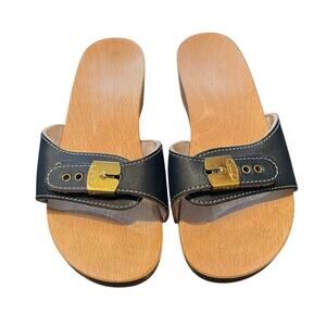 Vintage Dr Scholls Wooden Exercise Sandals Navy Blue Leather Slide Strap Size 5